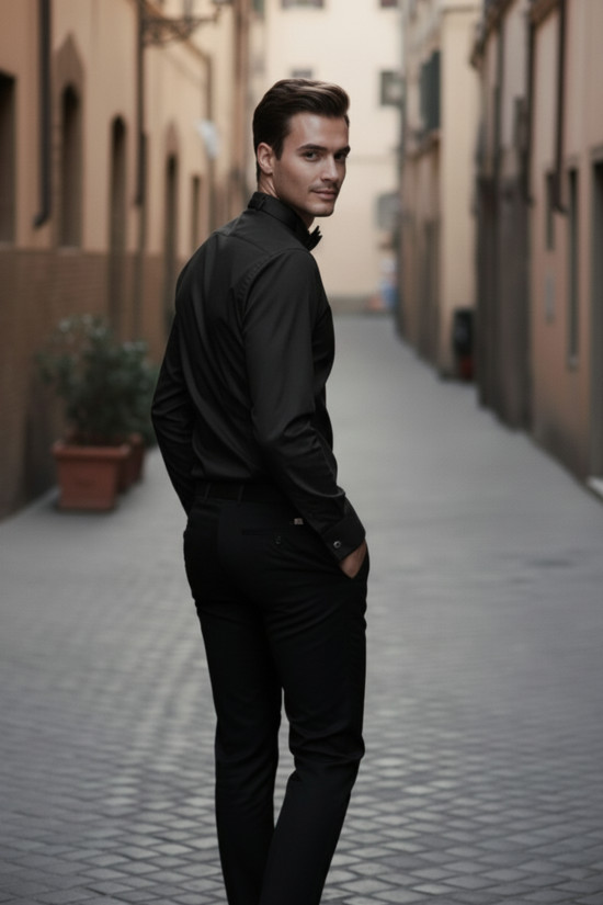 Nazef Dar Kesim Özel Üretim Ata Yaka Siyah Pamuk Gömlek  ( Damatlık Gömleği )