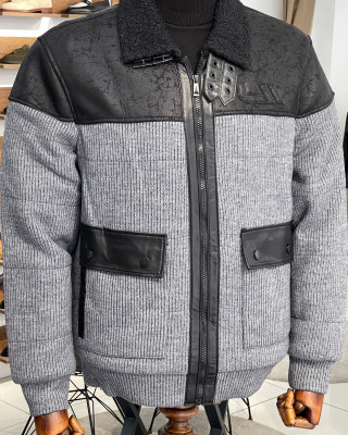 Nazef Dar Kesim Özel Tasarım Kürk Yaka Kemer Detaylı Triko Gri Mont