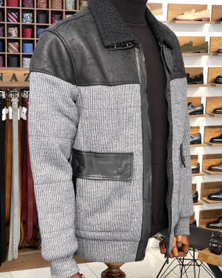 Nazef Dar Kesim Özel Tasarım Kürk Yaka Kemer Detaylı Triko Gri Mont