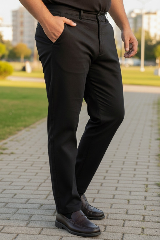 NAZEF BÜYÜK BEDEN YANDAN CEPLİ %80 PAMUK SİYAH KETEN PANTOLON 