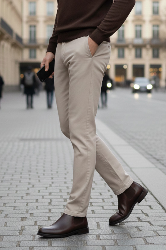 Nazef Rahat Kalıp Yandan Cepli Dokulu %80 Pamuk Bej Keten Pantolon 