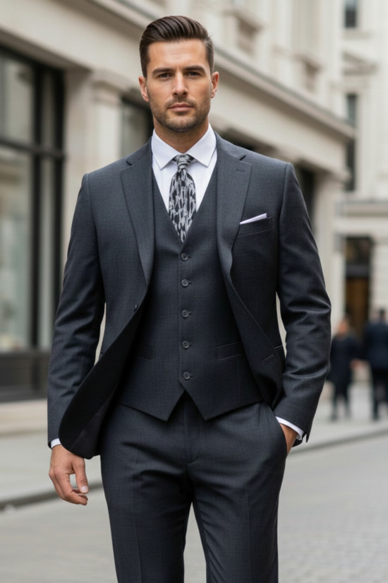 Nazef Dar Kesim Mono Yaka %80 Yün Karışımlı Antrasit Kışlık Yelekli Takım Elbise