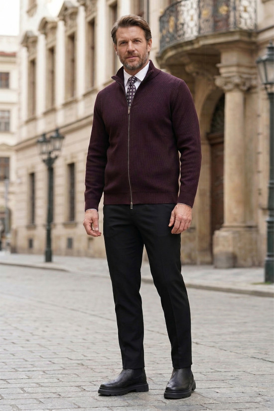 Nazef Dar Kesim Çift Yön Fermuarlı Hakim Yaka Fitilli Pamuk Vişne Hırka