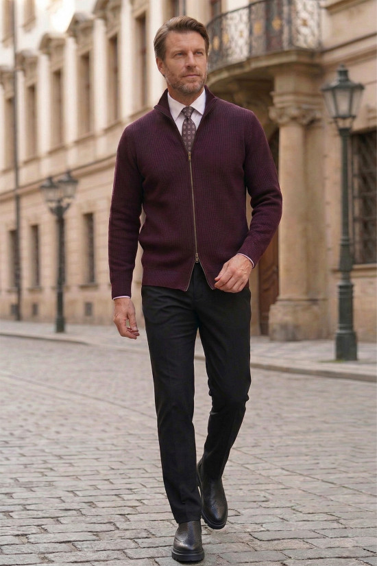 Nazef Dar Kesim Çift Yön Fermuarlı Hakim Yaka Fitilli Pamuk Vişne Hırka