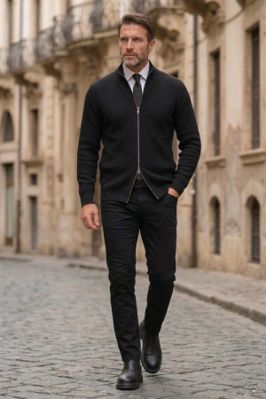 Nazef Dar Kesim Çift Yön Fermuarlı Hakim Yaka Fitilli Pamuk Siyah Hırka