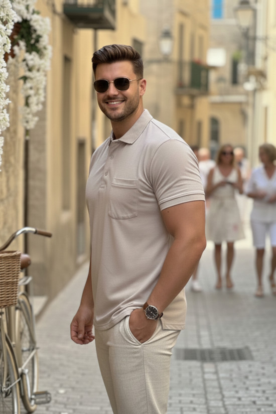 REGULAR FİT BÜYÜK BEDEN POLO YAKA CEPLİ KISA KOLLU BEJ T-SHİRT 