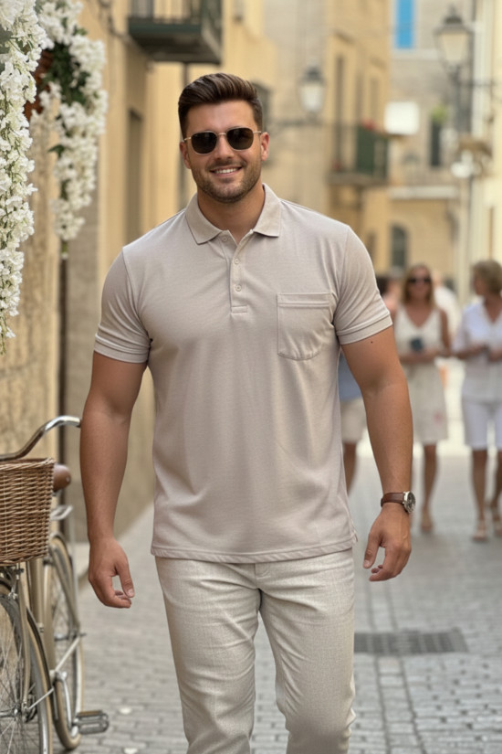 REGULAR FİT BÜYÜK BEDEN POLO YAKA CEPLİ KISA KOLLU BEJ T-SHİRT 