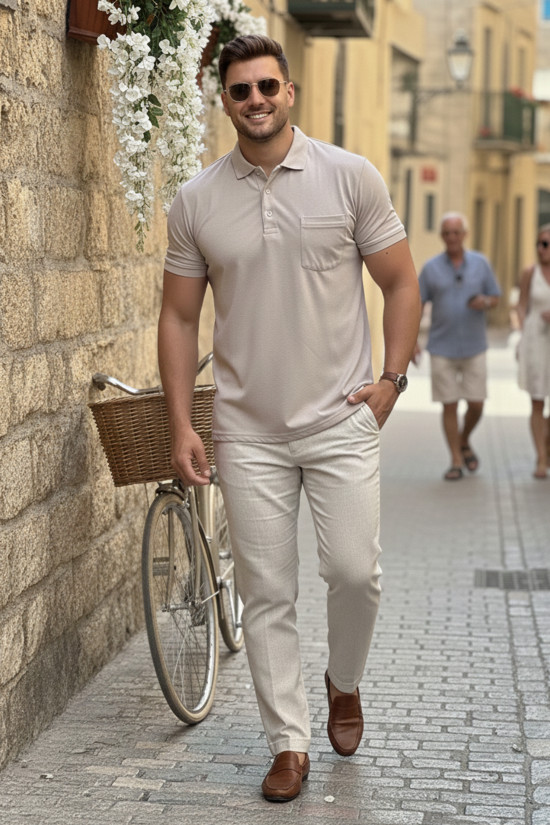 REGULAR FİT BÜYÜK BEDEN POLO YAKA CEPLİ KISA KOLLU BEJ T-SHİRT 