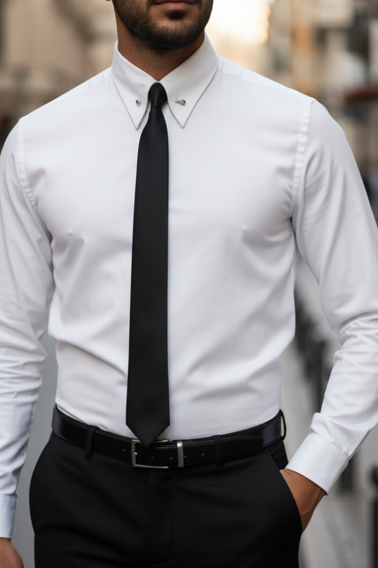 Nazef Özel Üretim Dar Kesim İğne Yaka Beyaz Pamuk Gömlek