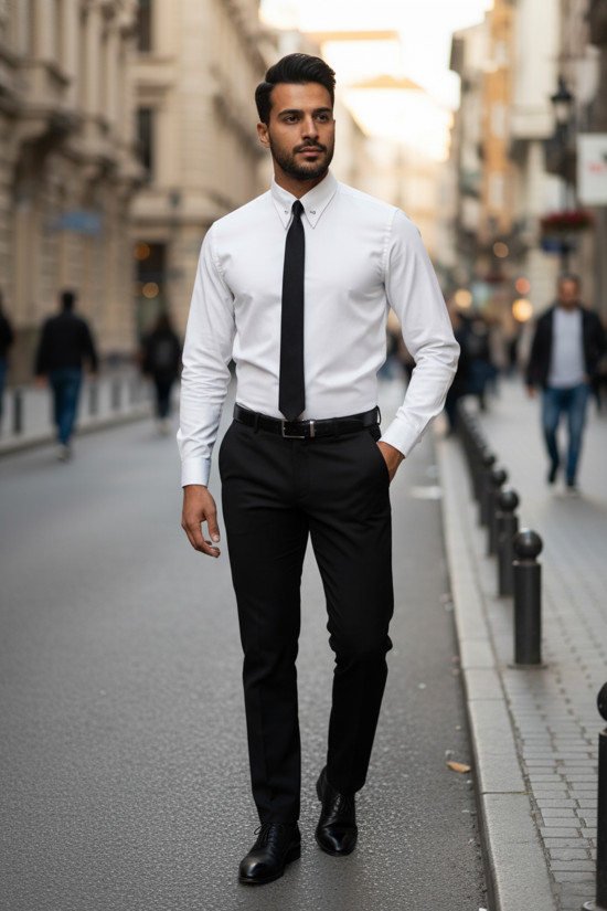 Nazef Özel Üretim Dar Kesim İğne Yaka Beyaz Pamuk Gömlek