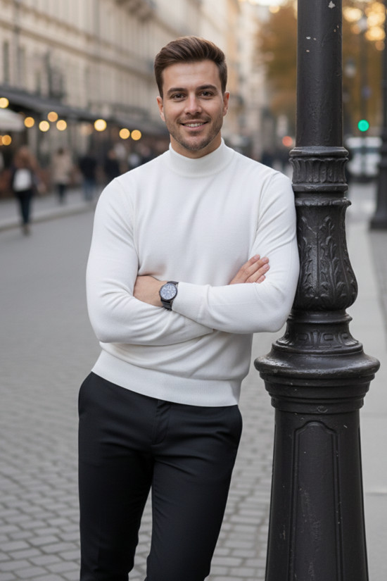 Nazef Dar Kesim %50 Pamuk Yarım Balıkçı Beyaz Triko Kazak