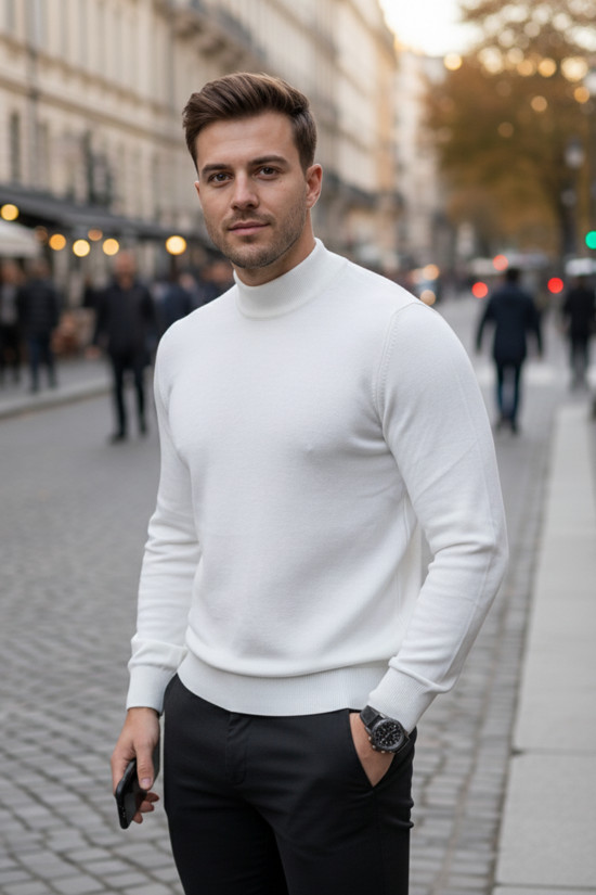 Nazef Dar Kesim %50 Pamuk Yarım Balıkçı Beyaz Triko Kazak