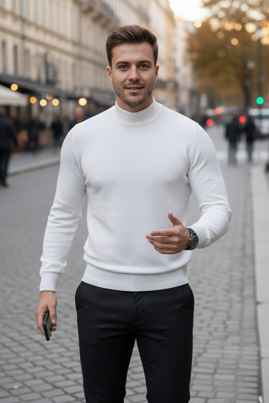 Nazef Dar Kesim %50 Pamuk Yarım Balıkçı Beyaz Triko Kazak