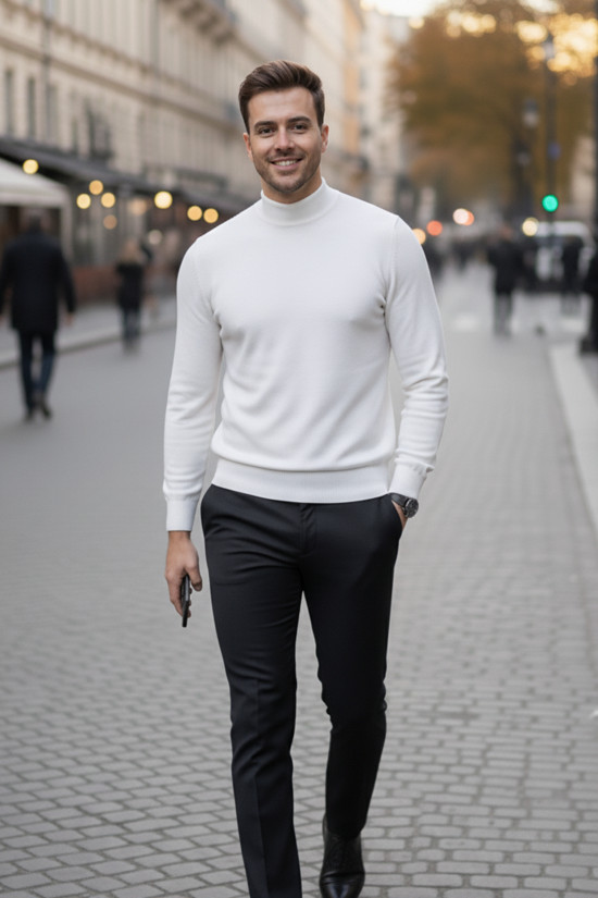 Nazef Dar Kesim %50 Pamuk Yarım Balıkçı Beyaz Triko Kazak