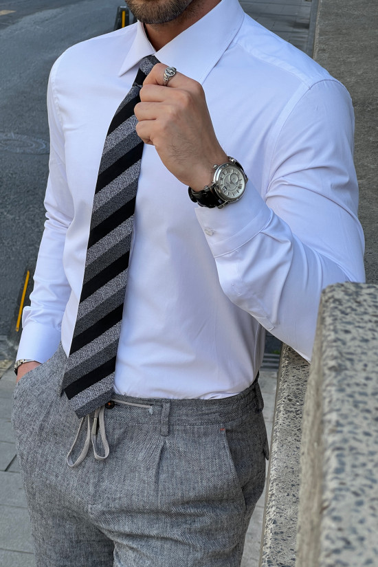 Nazef Dar Kesim Özel Üretim Klasik Kravat Yaka %95 Pamuk Beyaz Gömlek 