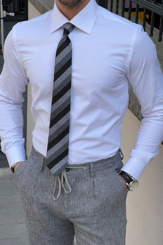 Nazef Dar Kesim Özel Üretim Klasik Kravat Yaka %95 Pamuk Beyaz Gömlek 