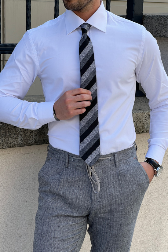 Nazef Dar Kesim Özel Üretim Klasik Kravat Yaka %95 Pamuk Beyaz Gömlek 