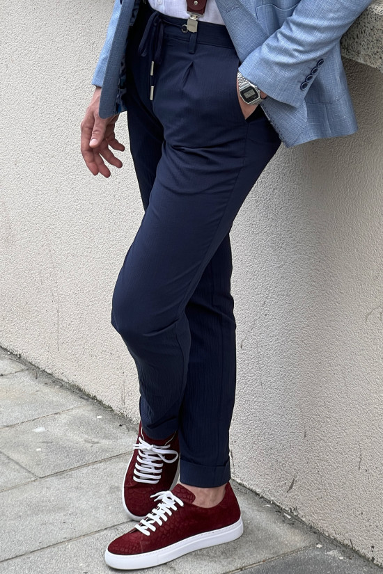 Nazef Özel Tasarım Kendinden Desenli Dar Kesim Lacivert Pamuk Pantolon 