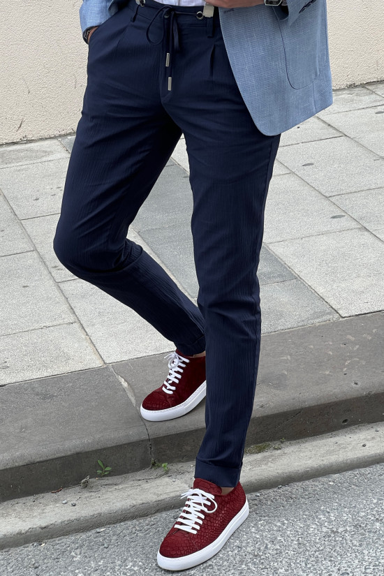 Nazef Özel Tasarım Kendinden Desenli Dar Kesim Lacivert Pamuk Pantolon 