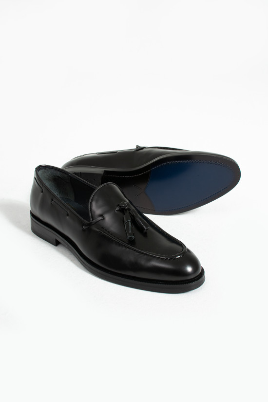 Nazef Neolit Taban Püsküllü Açma Deri Klasik Siyah Loafer Ayakkabı