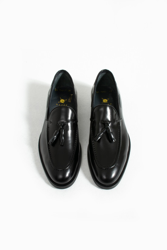 Nazef Neolit Taban Püsküllü Açma Deri Klasik Siyah Loafer Ayakkabı