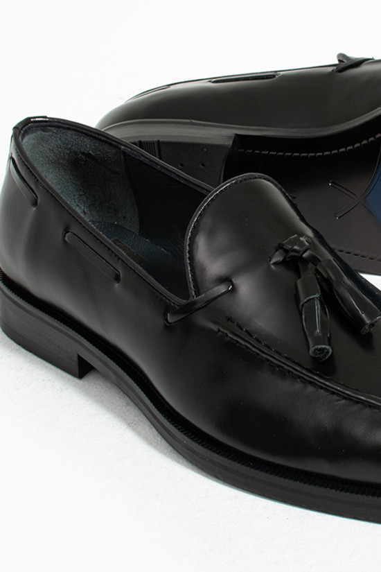 Nazef Neolit Taban Püsküllü Açma Deri Klasik Siyah Loafer Ayakkabı