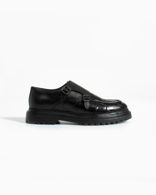 Nazef Eva Taban Çift Toka Detaylı Kroko Deri Siyah Günlük Ayakkabı 