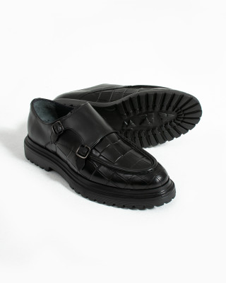 Nazef Eva Taban Çift Toka Detaylı Kroko Deri Siyah Günlük Ayakkabı 