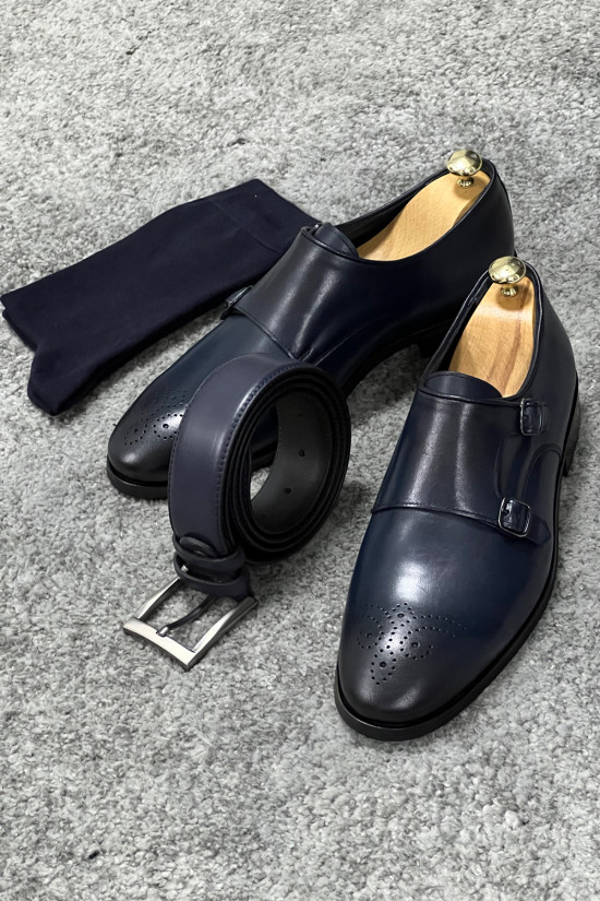 Nazef Neolit Taban Çift Toka Detaylı Deri Lacivert Klasik Ayakkabı