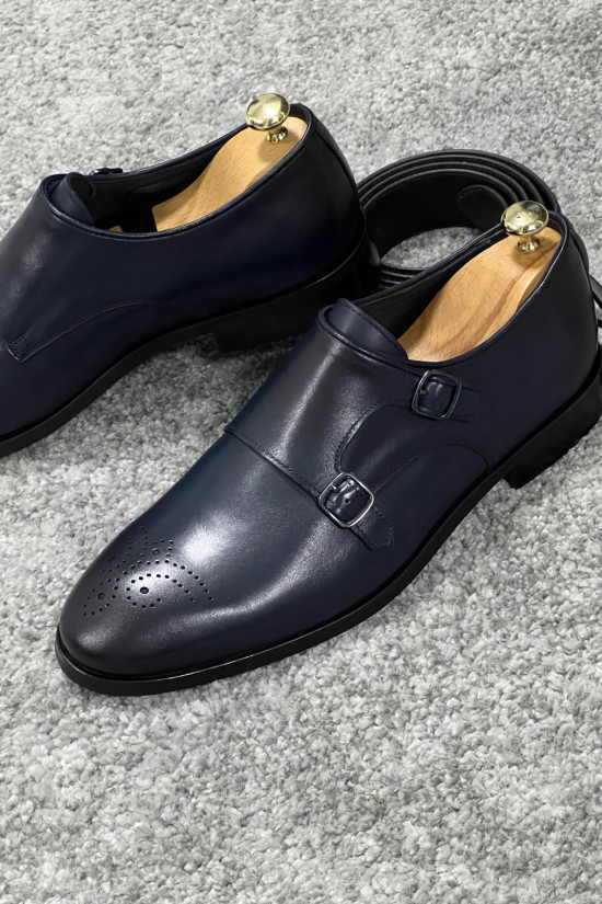 Nazef Neolit Taban Çift Toka Detaylı Deri Lacivert Klasik Ayakkabı