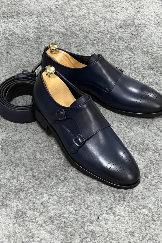 Nazef Neolit Taban Çift Toka Detaylı Deri Lacivert Klasik Ayakkabı