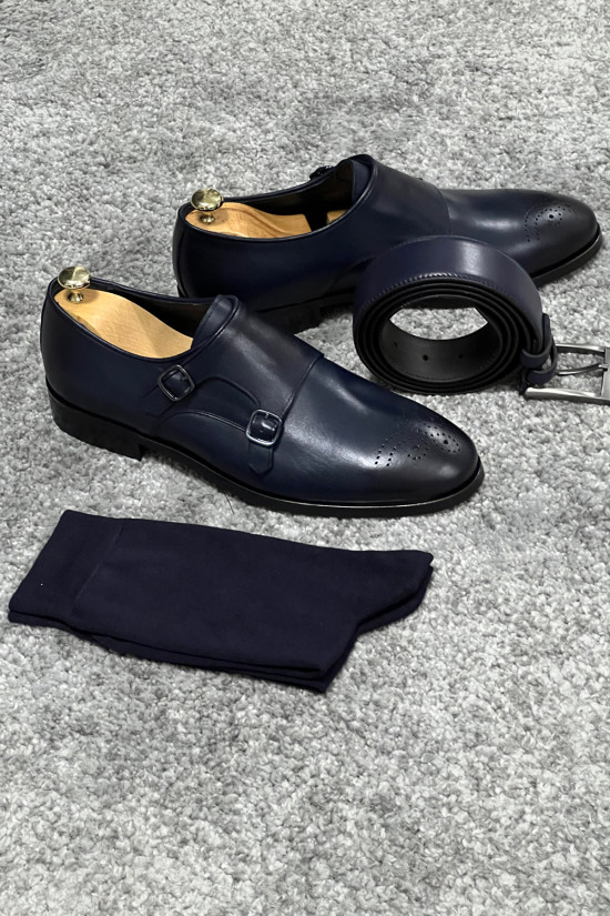 Nazef Neolit Taban Çift Toka Detaylı Deri Lacivert Klasik Ayakkabı