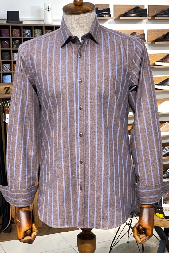 Nazef Dar Kesim Kahverengi Çizgili Pamuk Gömlek