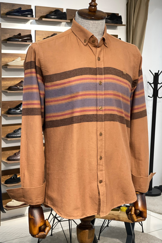Nazef Dar Kesim Camel Çizgili Pamuk Gömlek 