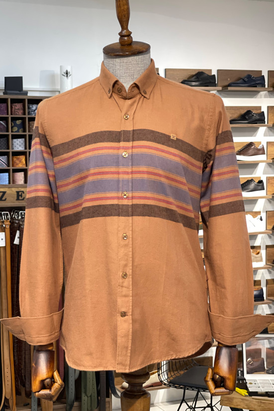 Nazef Dar Kesim Camel Çizgili Pamuk Gömlek 