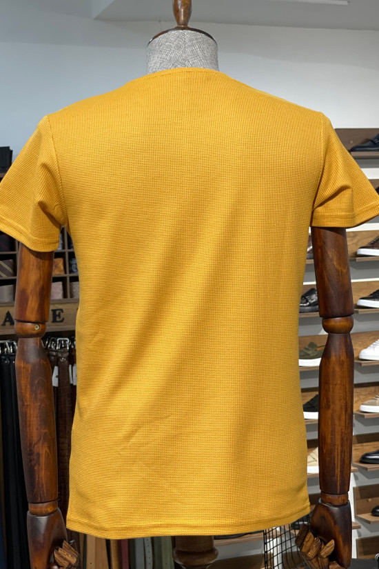 Nazef Dar Kesim Yüksek Kalite Kendinden Desenli Bisiklet Yaka Safran Likralı T-Shirt