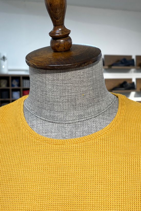 Nazef Dar Kesim Yüksek Kalite Kendinden Desenli Bisiklet Yaka Safran Likralı T-Shirt