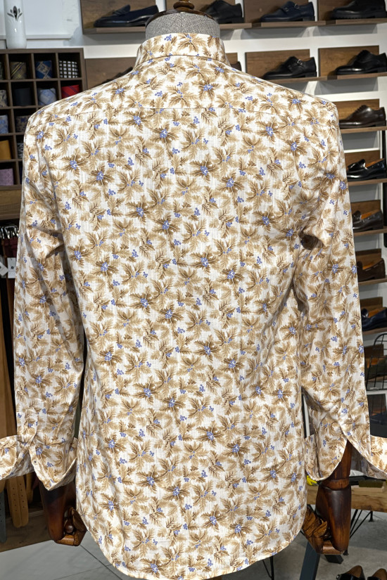 Nazef Dar Kesim Yüksek Kalite Desenli Pamuk Bej Gömlek