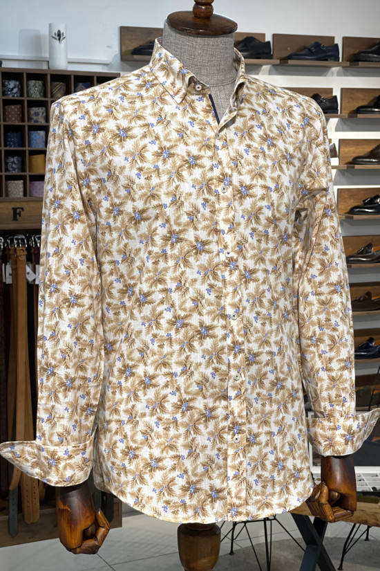 Nazef Dar Kesim Yüksek Kalite Desenli Pamuk Bej Gömlek