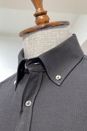 Nazef Regular Fit Button Collar Seersucker Black Cotton Shirt