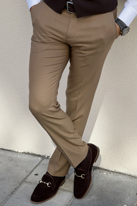 Nazef Yüksek Kalite  Dar Kesim Yan Cep Erkek Yün Bej Kumaş Pantolon