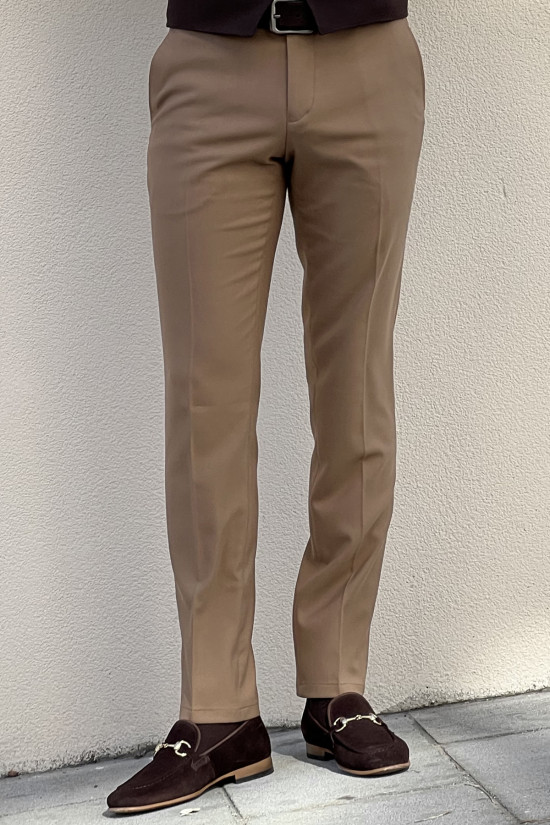 Nazef Yüksek Kalite  Dar Kesim Yan Cep Erkek Yün Bej Kumaş Pantolon