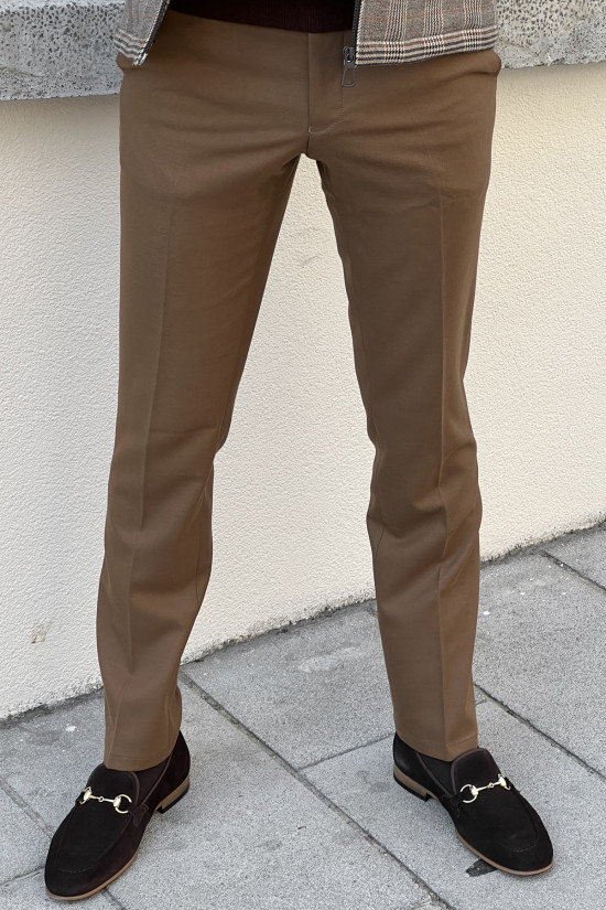 Nazef Yüksek Kalite  Dar Kesim Yan Cep Erkek Yün Camel Kumaş Pantolon