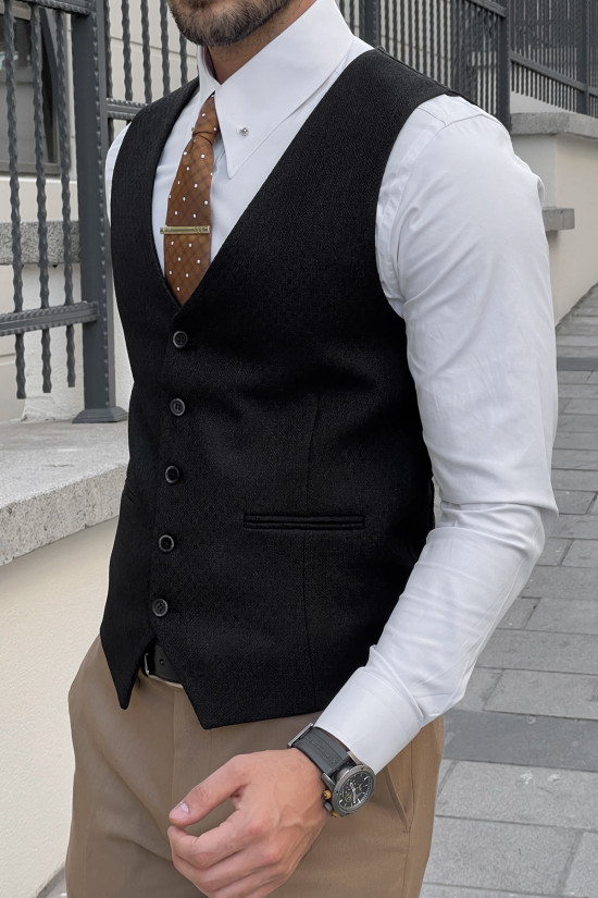 Dar Kesim Kendinden Desenli Erkek Yün Siyah Yelek