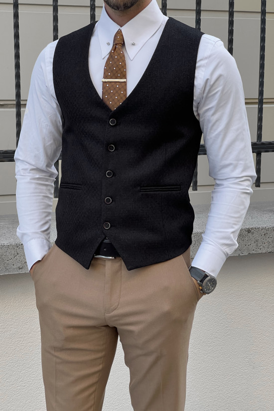 Dar Kesim Kendinden Desenli Erkek Yün Siyah Yelek