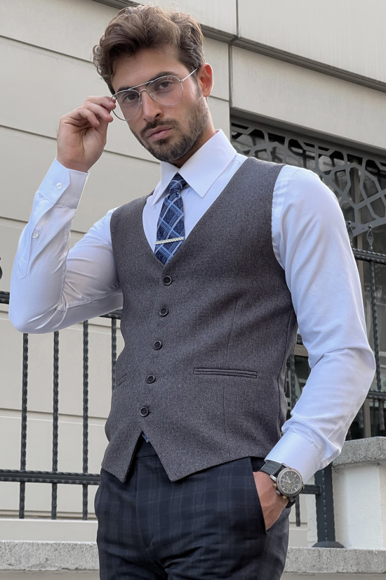 Dar Kesim Kendinden Desenli Erkek Yün Antrasit Yelek