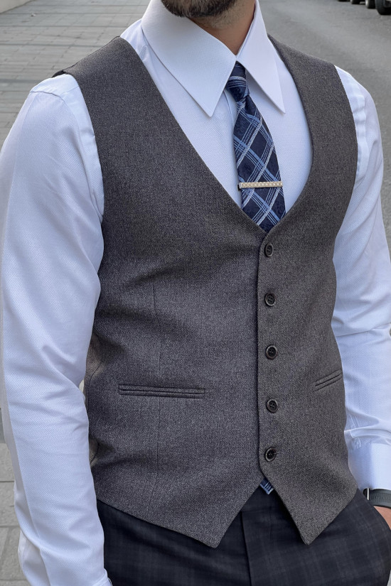 Dar Kesim Kendinden Desenli Erkek Yün Antrasit Yelek