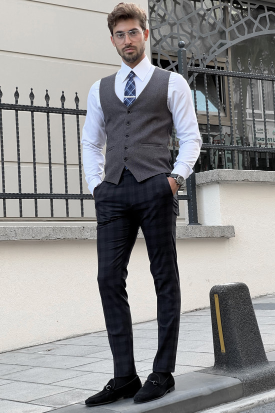 Dar Kesim Kendinden Desenli Erkek Yün Antrasit Yelek