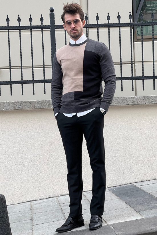 Nazef Dar Kesim Bisiklet Yaka Desenli Antrasit Triko Kazak