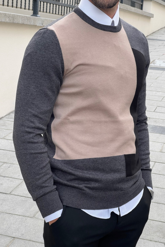 Nazef Dar Kesim Bisiklet Yaka Desenli Antrasit Triko Kazak